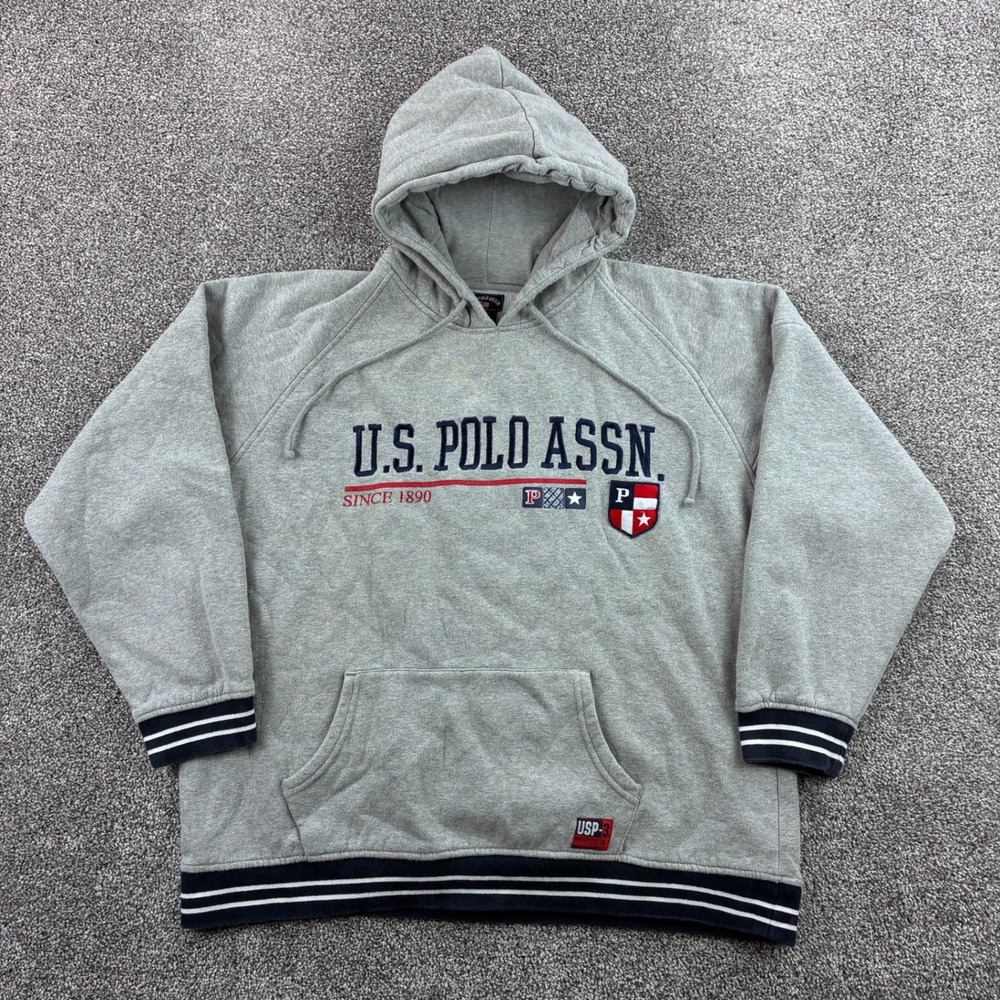 Vintage Y2K US Polo‎ Assn Hoodie Mens Large Gray Pullover Spell Out Logo Striped